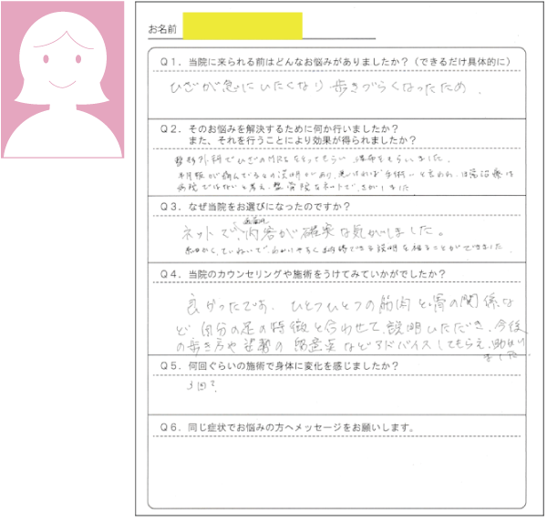 ６０代女性　半月板損傷のご感想